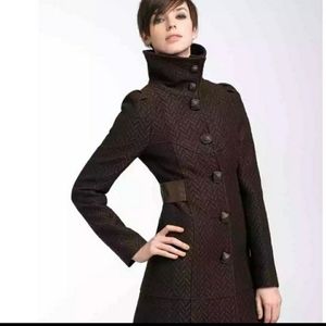 Mackage Black Textured Wool Coat with Leather Detail At Waist